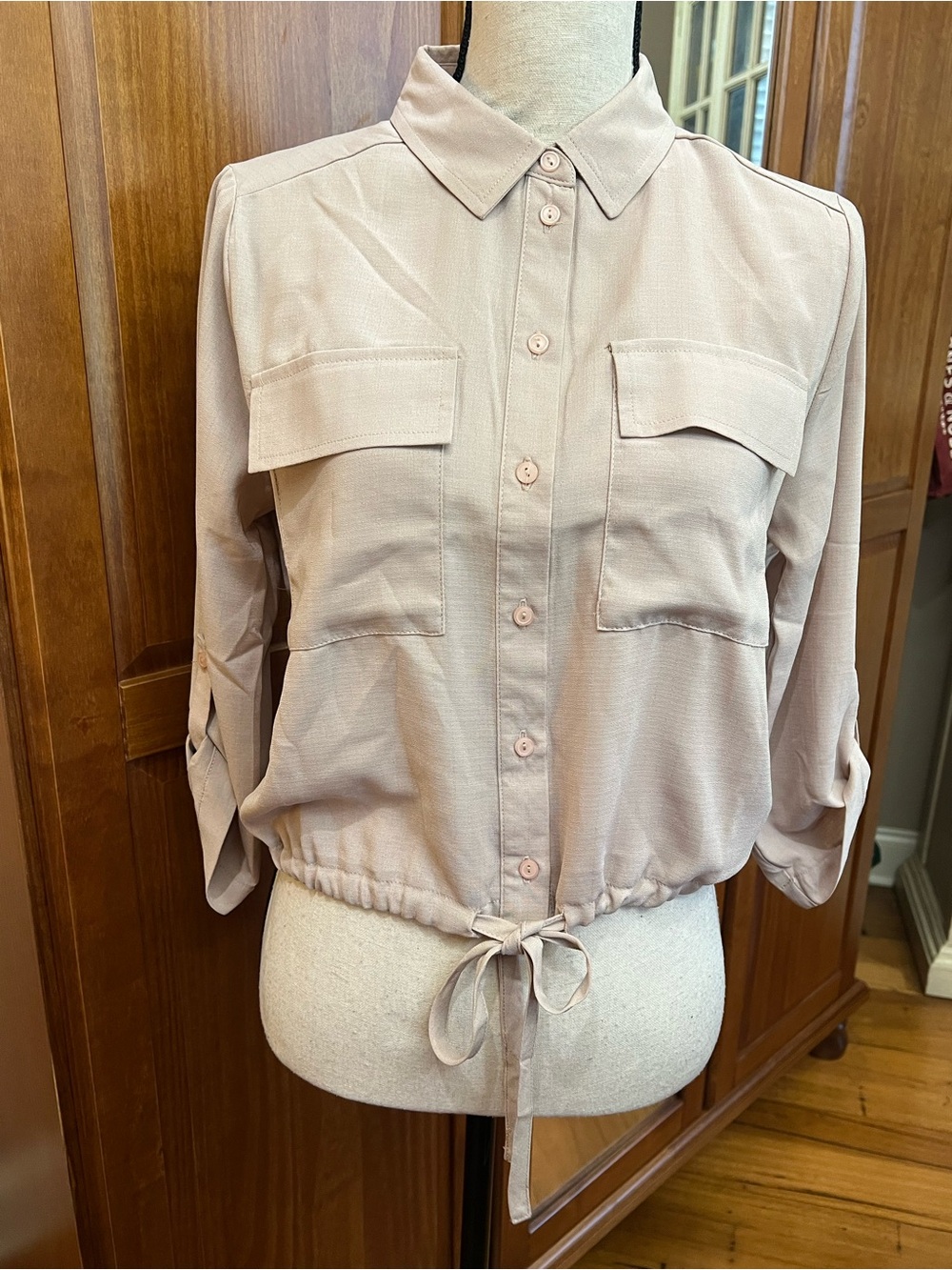 Papermoon Button-Front Drawstring Shirt in Light Mauve